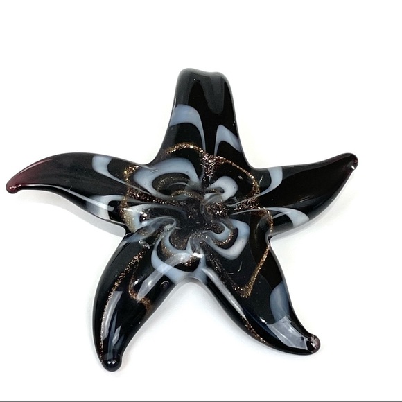 Three Glass Starfish Black Gold and White Necklace Pendant - Picture 2 of 15